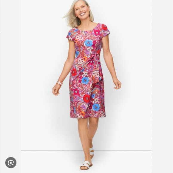 Talbots Island Paisley Tie Detail Jersey Sheath Dress Preppy Beach Sz Large - Picture 1 of 6